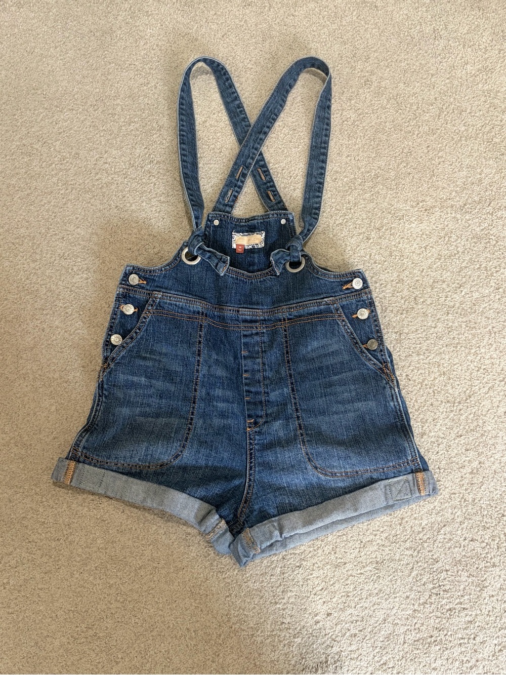 Pilcro for Anthropologie Denim Short Overalls, Size 29 Blue w/Cuffed Hem, Straps